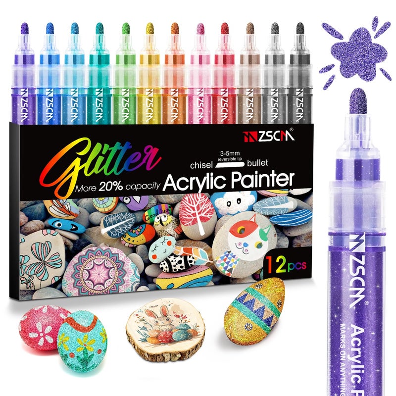 ZSCM QUALITY DECIDES THE FUTURE ZSCM Large Acrylic Glitter Markers Pen, 12 Colors Stocking Stuffers Gifts, Metallic Shimmer Markers for Doodle Writing, Glitter Art Crafts Gifts Trendy Stuff Christmas Stocking Stuffers - Image 1